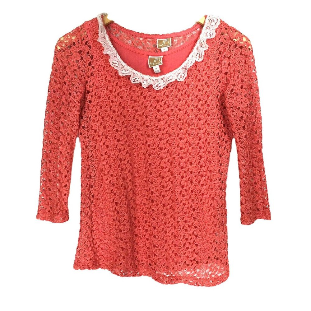 JM Collection PP Blouse Lace Coral Orange Ruffle Floral Sheer Lined Tank Top